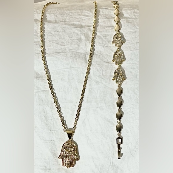 14k Gold Hamsa Third Eye Necklace Bracelet Jewelry Set Hand of Fatima Gift Sets - Picture 7 of 9